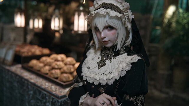 Cosplayer in black and white maid outfit smiles slyly.