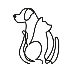 Continuous line art of a dog and cat sitting side by side