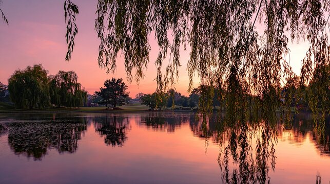 willow. Tranquil lakeside scene with weeping willow and pastel sky mirrored in calm waters. travel magazines, destination branding, designed for outdoor magazines and nature guides.