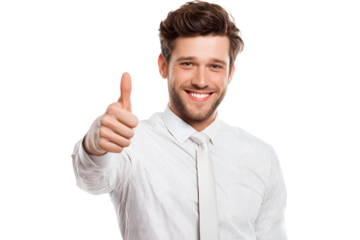 Confident young businessman with thumbs up and friendly smile wearing a white shirt and tie signaling success and approval isolated on a transparent background showcasing positivity