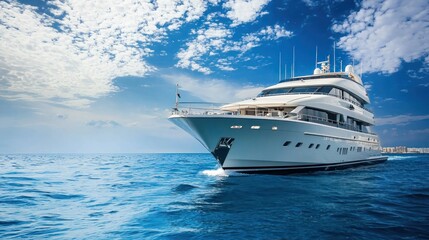 A luxurious yacht sailing on the ocean with a clear blue sky in the background.
