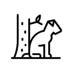 Graphic icon of a dog seated next to a tree with a leaf presented in a clean linear style