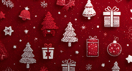 Seamless pattern of christmas icons and symbols in white outline on a red background, perfect for festive holiday designs and decorations