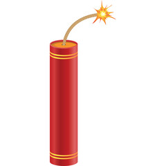 Red Dynamite Stick With Burning Fuse And Golden Bands Isolated On White Background Ready For Explosion