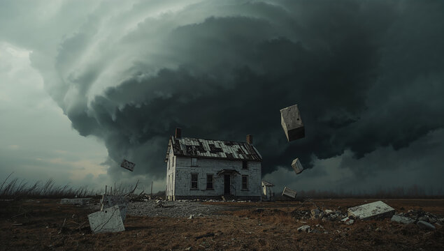 Dramatic scene of a tornado approaching a rural house with debris flying in the air