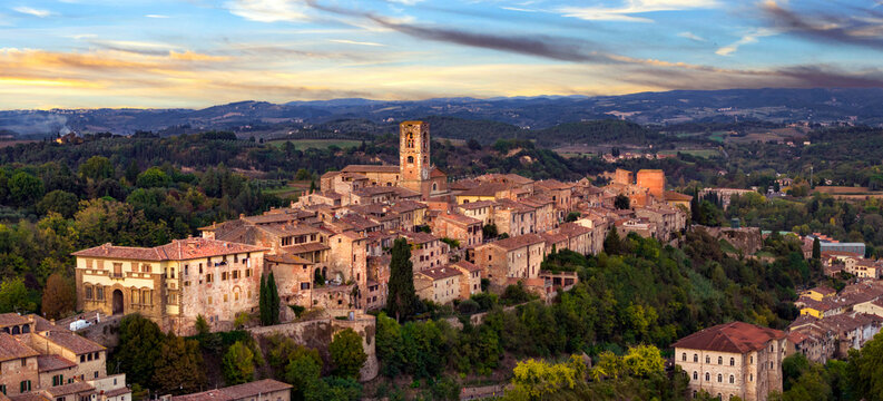 Italian toursim and scenic places. Colle di Val d'elsa- beautiful medieval town in the heart of Tuscany region in Italy between Siena and Florense,. Panoramic view over sunset