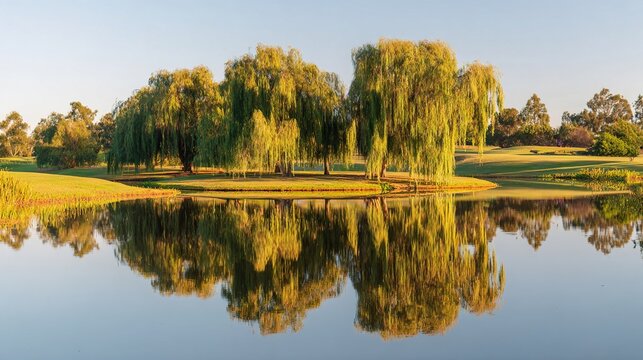 willow. Tranquil lakeside scene with weeping willow and pastel sky mirrored in calm waters. travel magazines, destination branding, designed for outdoor magazines and nature guides.