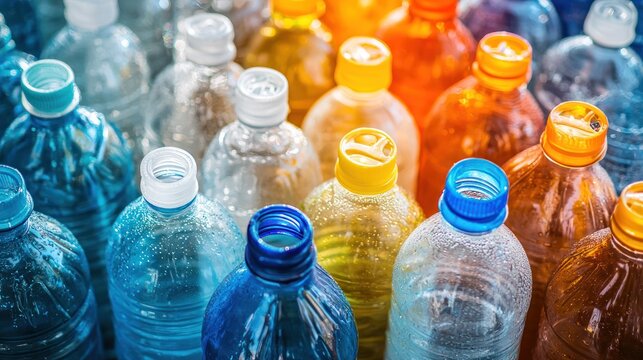 A colorful array of plastic bottles in various colors and sizes, with a rainbow gradient effect.
