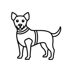 Line drawing of a dog It has a collar harness erect ears and a curved tail