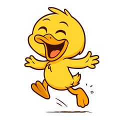 Joyful cartoon duckling mascot happily jumps.