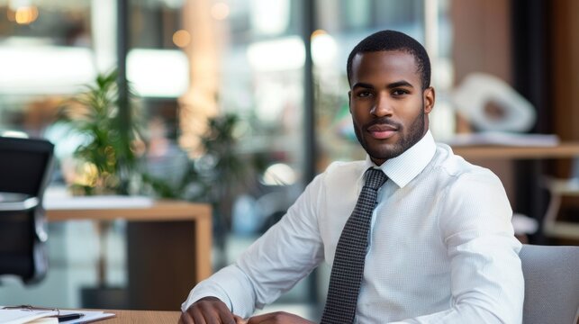 A confident African American businessman wearing a white shirt and tie, seated at a desk in an office with a modern, glass-walled conference room in the background.