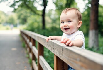 Happy baby smiling while leaning on a wooden railing in a park setting