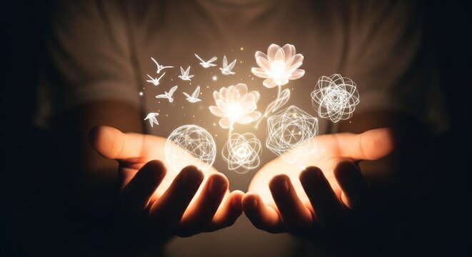 The birds' fantasy world and flowers in the hand