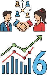 Flat Vector Business Icons with People, Handshake, Network, Graphs, Number Six
