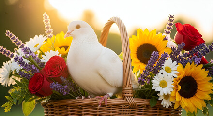 Peaceful white dove perched among vibrant red roses
