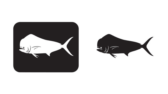 Two mahi mahi fish illustrations one white one black on transparent background silhouette
