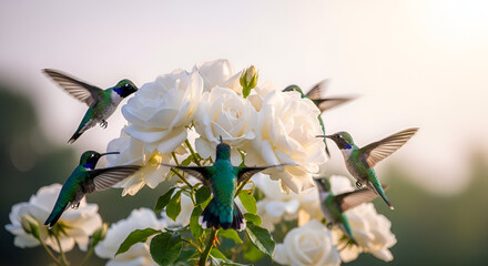 Hummingbirds gather around vibrant pink lotus blooms