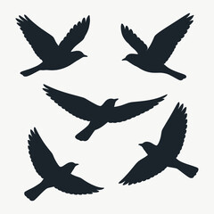 Set of flying birds silhouettes on beige background. Vector illustration.