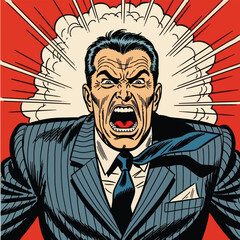 Man in suit screaming with rage, comic book style illustration
