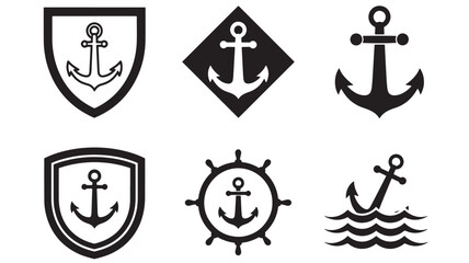 Nautical emblems with anchors ships wheel and silhouettes on transparent background