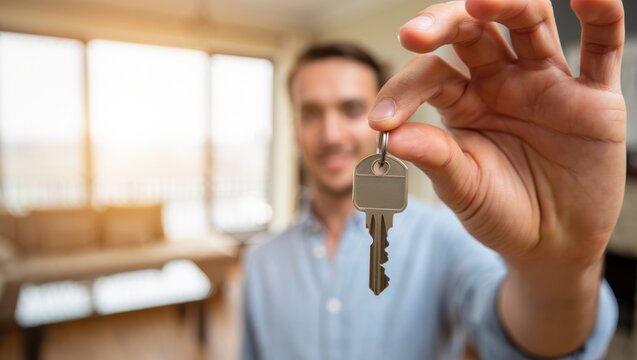 Man holding a key, symbolizing new beginnings and home ownership