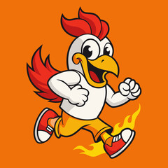 Running Cartoon Chicken Mascot Wearing Sneakers Vector Illustration
