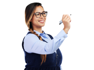 Smiling young woman with glasses holding object concept image transparent background