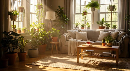 Serene living room filled with sunlight and plants