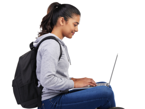 Young woman with laptop focused on education and technology innovation transparent background