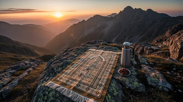 Serene Prayer Rug on Mountain Peak at Sunrise - A Spiritual Journey.