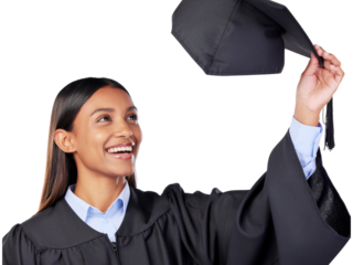 Happy graduate tosses cap in celebration wearing academic gown achievement joyful moment transparent background