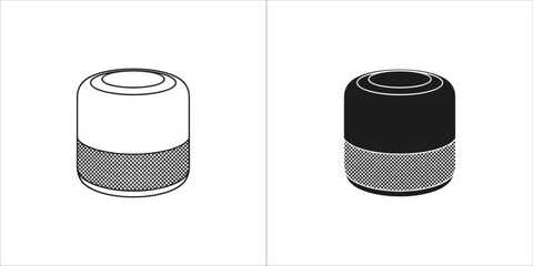 Two icons of a portable speaker, one in outline and one in solid black