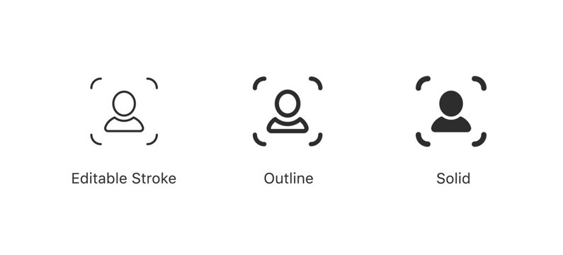 user profile icon with scanning/focus crop marks, in editable stroke, outline, and solid styles, representing user ID, account, face recognition, and digital identity
