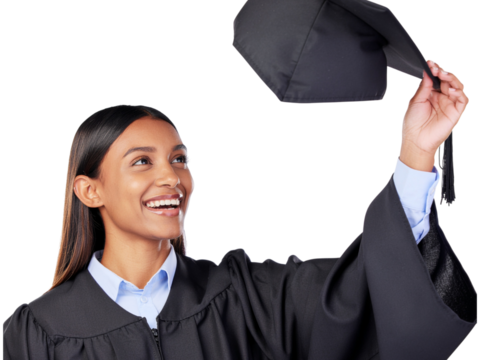 Happy graduate tosses cap in celebration wearing academic gown achievement joyful moment transparent background