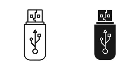 Two icons of a usb flash drive with usb symbol, one black and white, one black