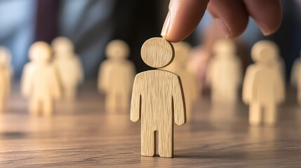 A wooden figure of a person being held up by a finger.