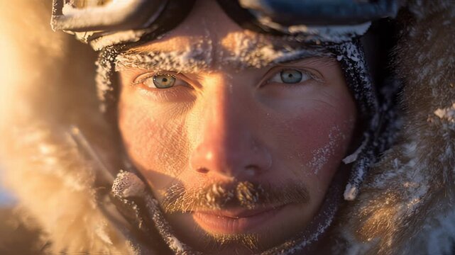 Man with frostbite on face wearing winter gear.