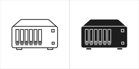 Two icons of a network attached storage device, one outlined and one solid black