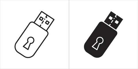Two usb flash drive icons with lock symbol, one outline and one solid