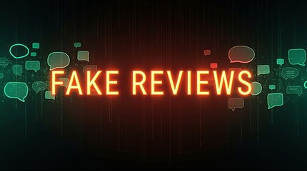 Obraz premium Bright neon text reading 'FAKE REVIEWS' against a dark digital background with chat bubbles.
