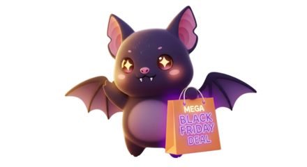 A cute cartoon bat with a shopping bag promotes a mega happy friday sale, isolated on transparent background, creating a playful and inviting atmosphere for shoppers