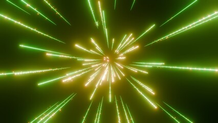 Naklejka premium ワープ空間のエフェクト背景素材。粒子を撒き散らす黄緑色のビームが放出される集中線のイラスト