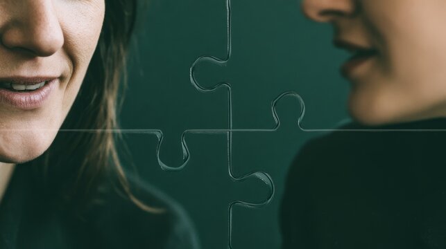 From the close-up of the seam of the jigsaw puzzle, it shows how two independent individuals become a whole. The concept of cooperation