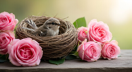 Cozy Bird Nest beside Pink Roses