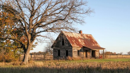 Fototapeta premium An old, weathered wooden house with a rusted metal roof, surrounded by a field of tall grass and a large tree with autumn leaves.