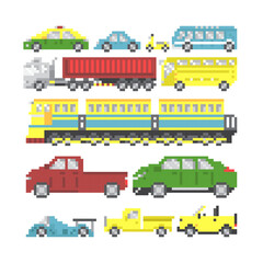 Different Cars or Icon in pixel game on white background.