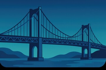 Obraz premium Dramatic illustration of a majestic suspension bridge silhouetted against a deep blue twilight sky enhancing urban architecture's beauty and structural elegance