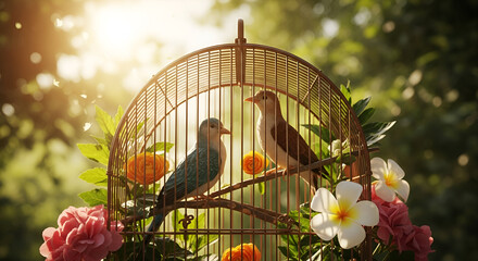Two Lovebirds Sitting in a Cage