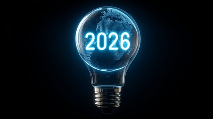Light bulb representing new ideas and innovations for the year 2026 with a global map design