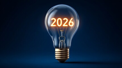 Bright light bulb with the year 2026 illuminated represents new beginnings and innovation in the upcoming year